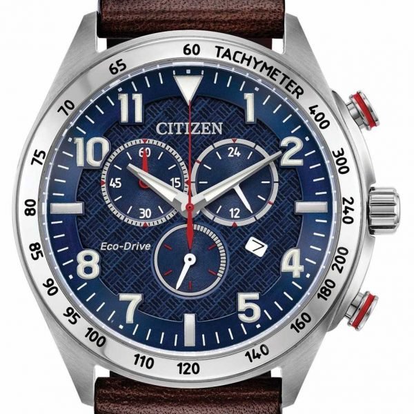 Citizen Mens Eco-Drive Blue Dial Brown Leather Chrono 100m AT2418-00L