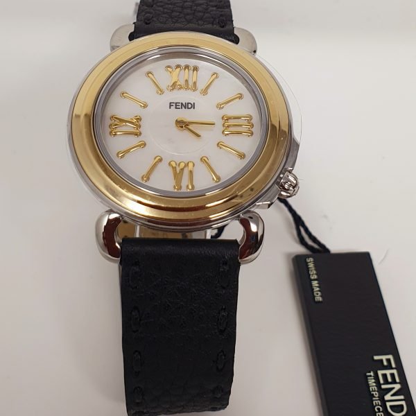 FENDI Black Leather Strap 37mm Selleria 18k Yellow Gold Watch ssn18r01s