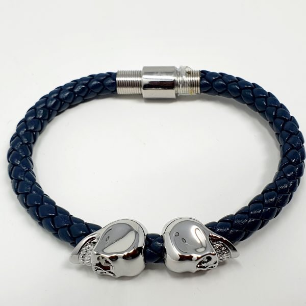 NORTHSKULL Denim Blue Nappa Leather W/ Silver Twin Skull Bracelet