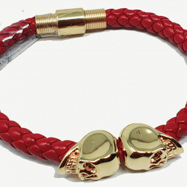 Northskull London Red Genuine Leather 18KT Gold Twin Mens Skull Bracelet
