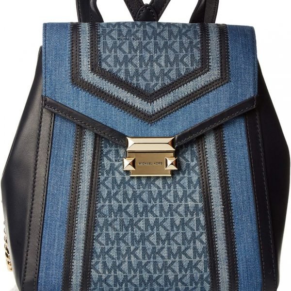 MICHAEL KORS Blue Denim and Black Logo Print Backpack