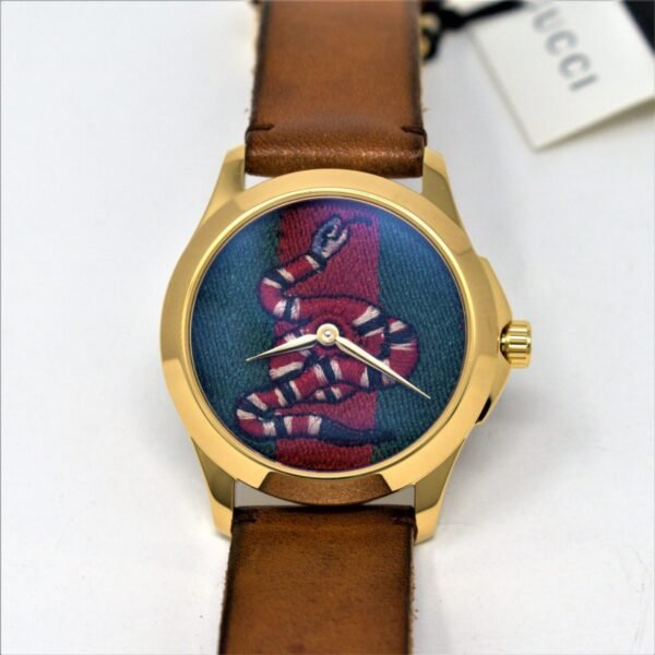 Gucci Le Marche Des Merveilles Gold Plated Snake Motif Brown Leather Watch YA1264012
