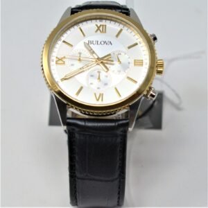 Bulova Men's Silver Gold Watch Black Leather Strap 98A218