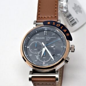 Pulsar Stainless Steel Solar Grey Chronograph Dial Brown Leather Strap Watch PZ5070