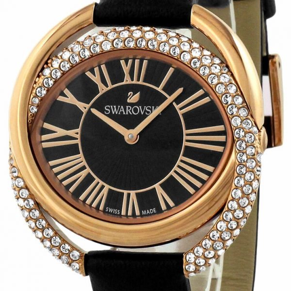 SWAROVSKI DUO BLACK SUNRAY DIAL ROSE GOLD BLACK LEATHER WATCH 5484373