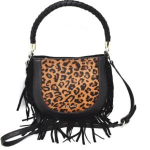 Ted Baker Pinyal Leopard Braided Leather Fringe Hobo Bag Black