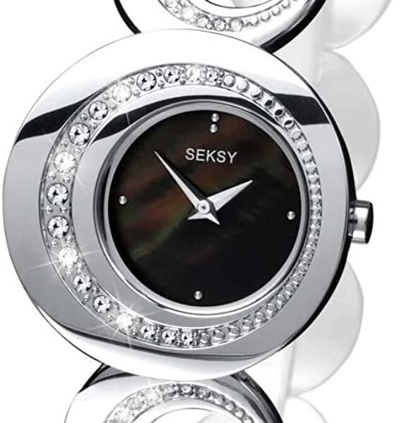 Seksy By Sekonda Black Dial Stone Set Silver Bracelet Watch 4271