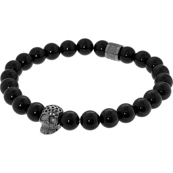 NORTHSKULL Black Onyx & Perforated Gunmetal Skull Charm Bracelet STMAGM1706BX