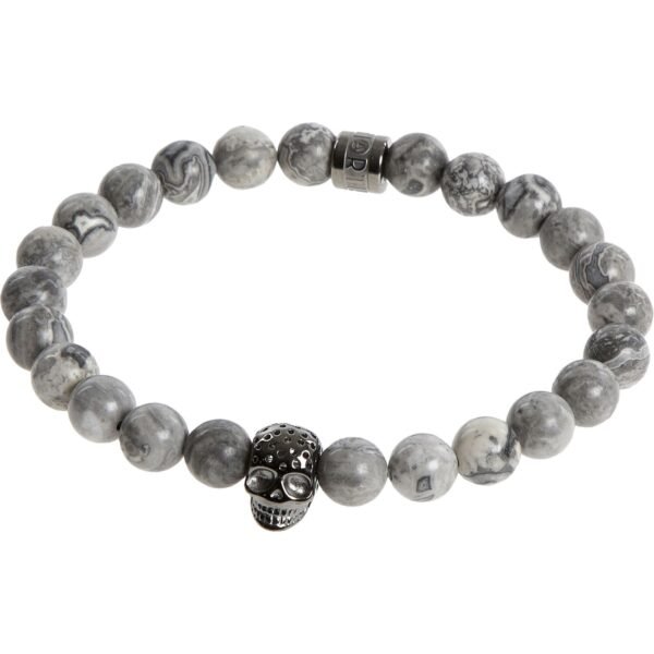NORTHSKULL Bracelet Matte Black Picture Jasper Perforated Gunmetal Skull Charm STMAGM1706BPJ