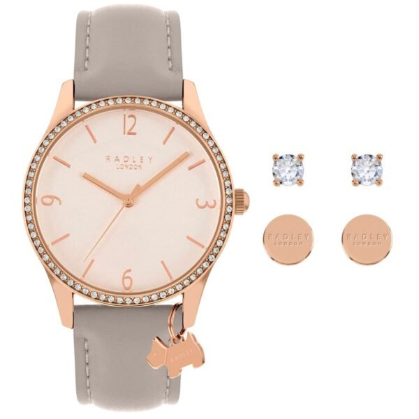 Radley Watch & Earrings Set Rose Gold Dial and Grey Leather Strap RY21328A-SET