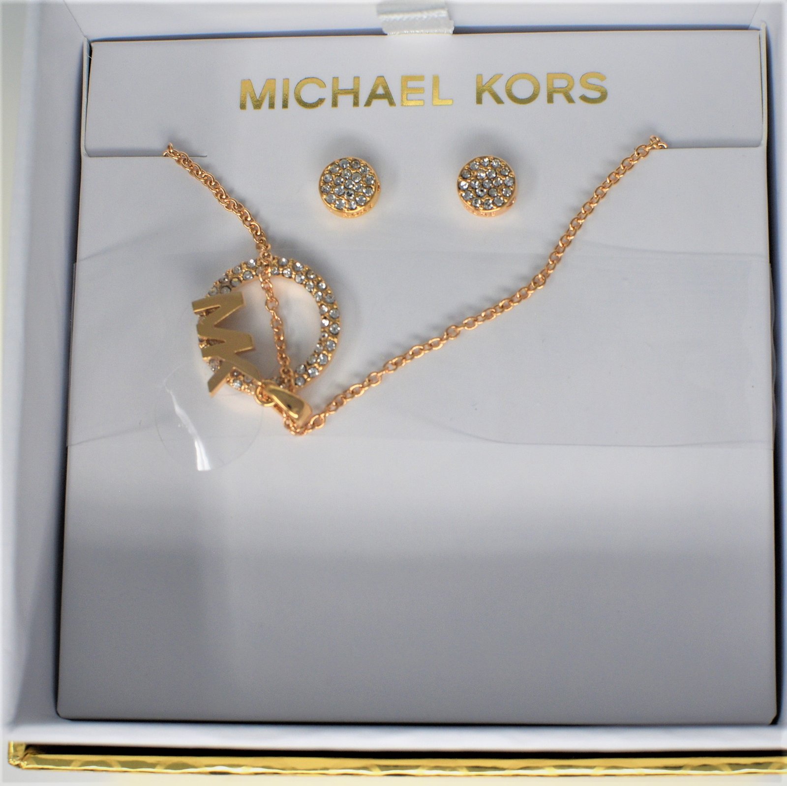 Michael Kors Rose Gold MK Logo Necklace and Earrings Crystals Set MKJ7655791