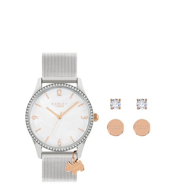 Radley Ladies Watch RY4593A-SET Silver Mesh Strap & Twin Pack Brass Earrings set