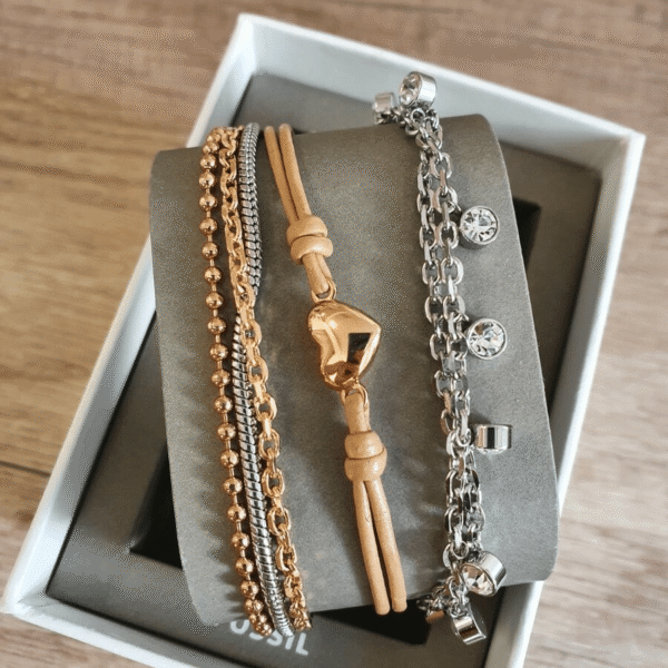 FOSSIL Tri-Tone Steel Bracelet Gift Set JGFTSET1042 Gold/Beige
