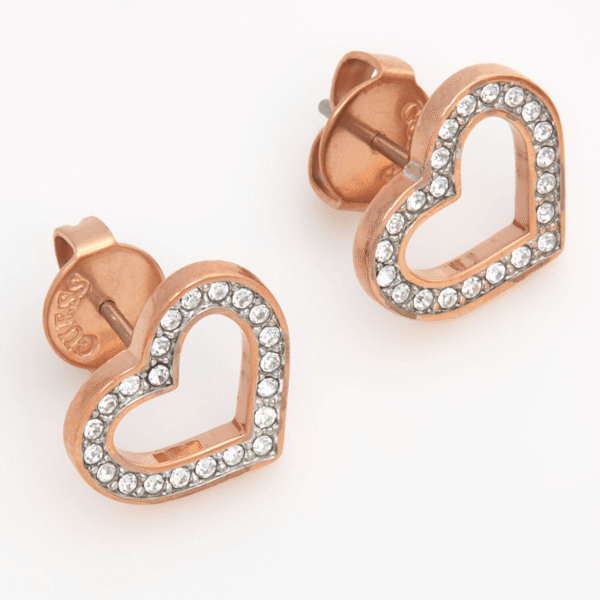 GUESS Rose Gold Plate Crystal Heart Stud Earrings UBE28005