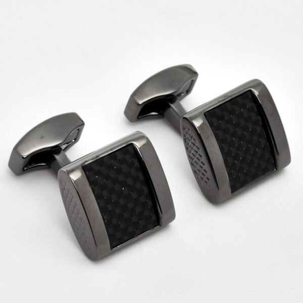 TATEOSSIAN Gunmetal & Black Carbon Fibre Square Motif D-Shape Cufflinks CL7182