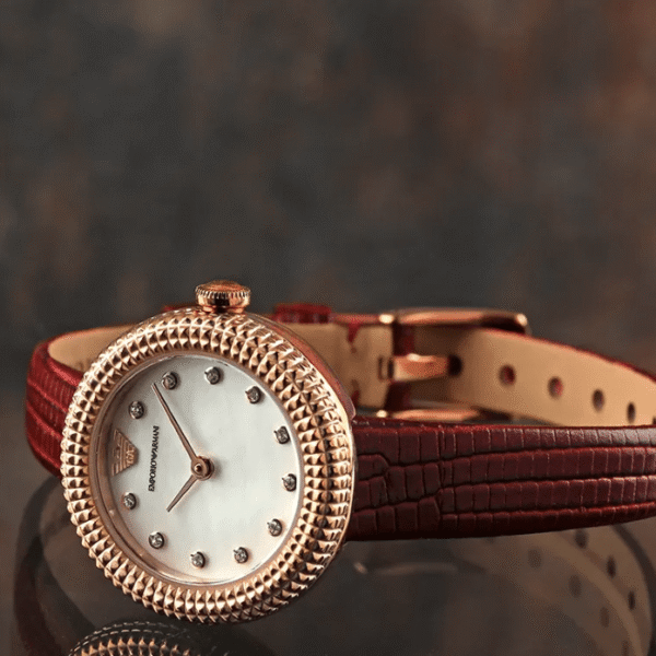 Emporio Armani Ladies Watch Burgundy Leather Quartz Crystal White Dial AR11417