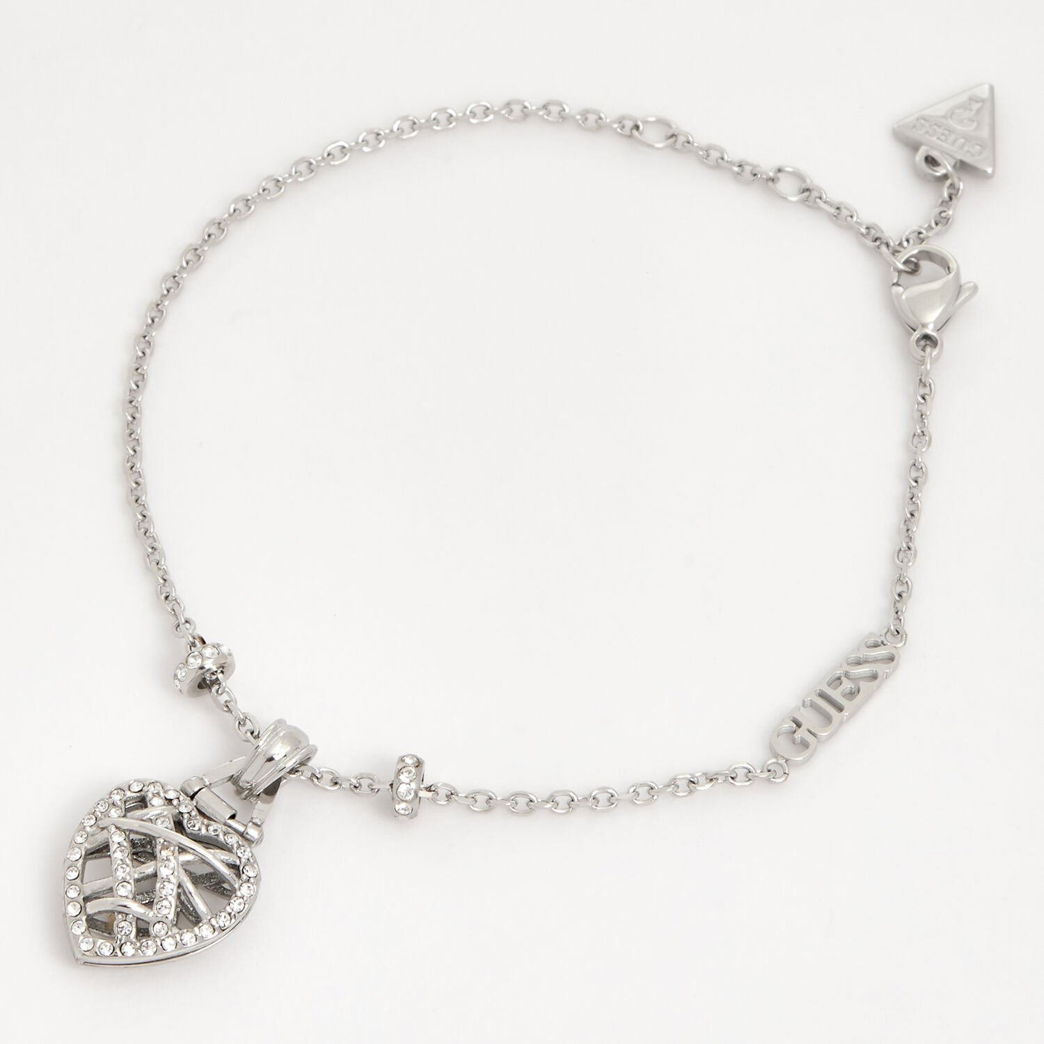 Guess Women's Bracelet | Heart Cage Charm | Rhodium Plated | UBB03100RHL