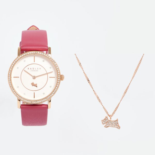 RADLEY Raspberry Strap Stone Set Watch 18ct Rose Gold Necklace RY21560A-SET