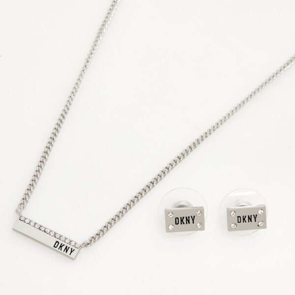 DKNY Two Pack Silver Tone Branded Bar Necklace & Earrings Jewellery Set Boxed