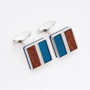 Tateossian Silver Tone Square Cufflinks with Sandalwood & Blue Enamel Resin Inlay CF0147