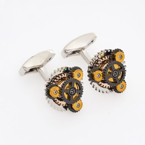 Tateossian Rotondo Mechanical Gear Cufflinks Silver Tone with Gold Accents CL3959