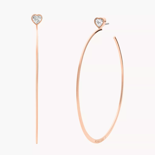 Michael Kors Large Whisper Hoop Earrings Rose Gold Steel CZ Heart Crystal MKJ7902791