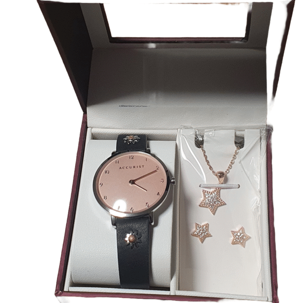 Accurist Ladies Watch & Earrings Gift Set 8376G Black Leather Strap Rose Gold Dial
