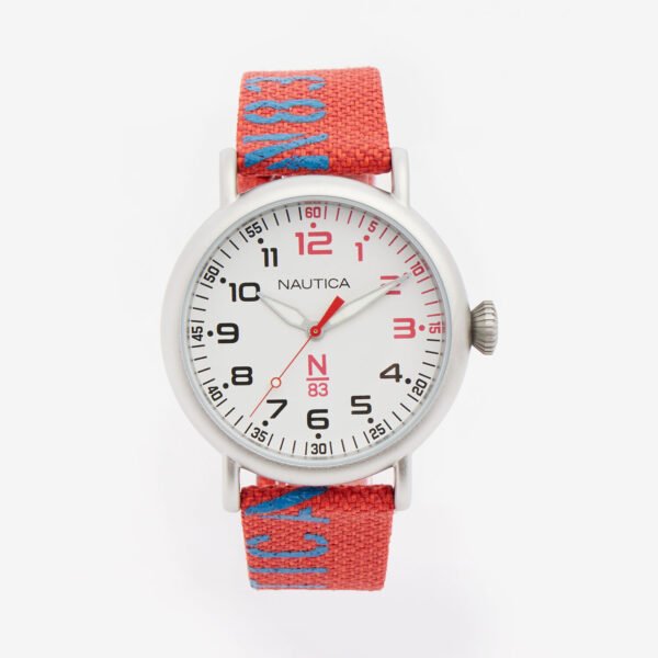 Nautica N83 men's sustainable watch with red canvas strap and bold blue N83 logo, white dial with black and red numerals – model NAPLSS004
