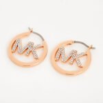 MICHAEL KORS BRASS ROSE GOLD PAVE MK CRYSTALS LOGO HOOP EARRINGS MKJ7637791