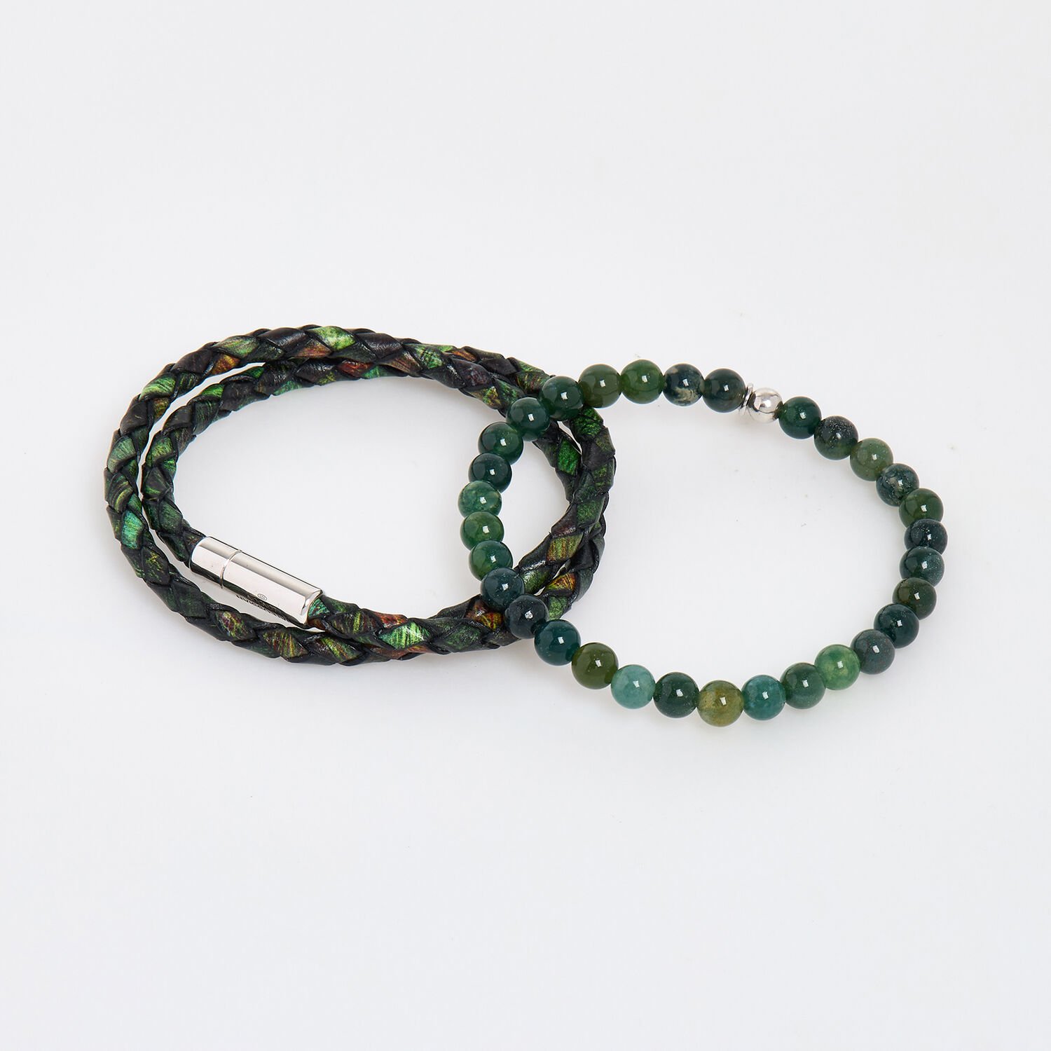 Tateossian Two Pack Green Bracelets Leather Wrap & Beaded Set SM0665