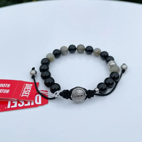 Diesel Men's Black Agate & Labradorite Bead Bracelet DX1325040 Adjustable Slide Clasp