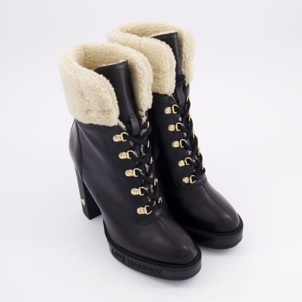 Love Moschino Trek Heeled Black Leather Fur Ankle Boots – UK 6 & 7
