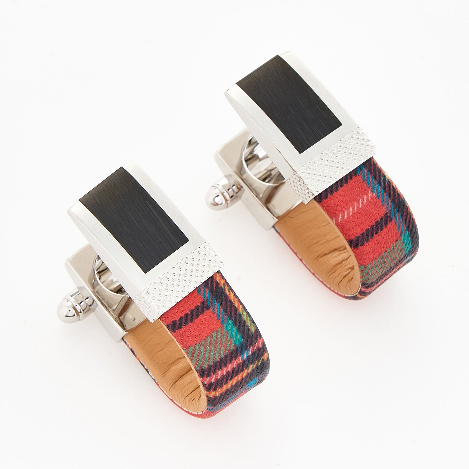 Tateossian Rhodium Red Tartan Leather Cufflinks CL5427