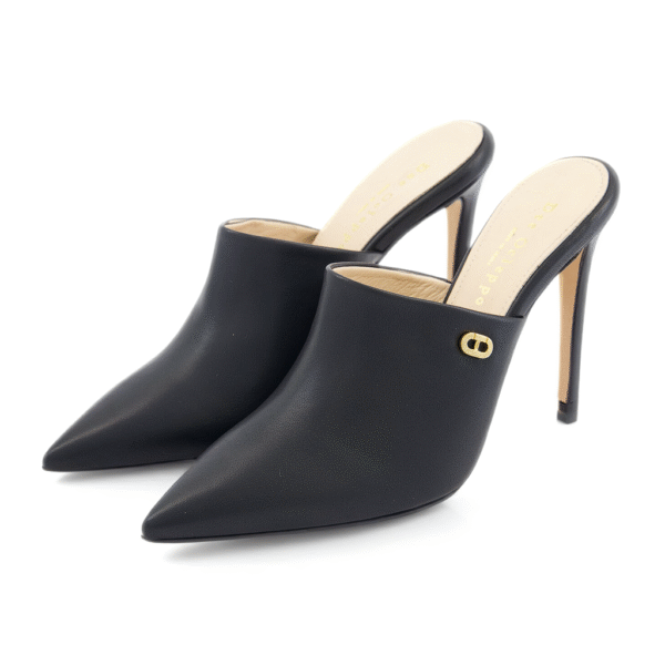 Dee Ocleppo Black Leather Pointed Toe Stiletto Mule Sandals Women