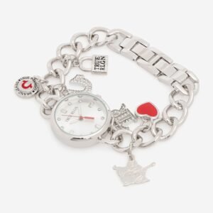 True Religion Silver Rhinestone Charm Bracelet Watch for Women TRL101