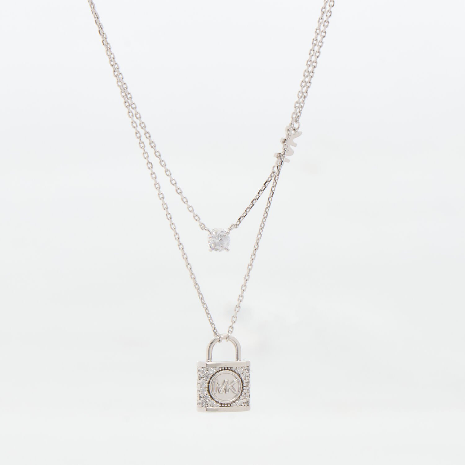 Michael Kors CZ Double Layered Pave Lock Necklace Sterling Silver Michael Kors CZ Double Layered Pave Lock Necklace Sterling Silver