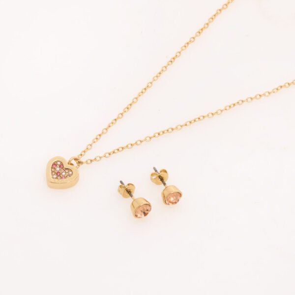 Coach Gold Tone & Pink Heart Necklace & Stud Earrings Jewellery Set