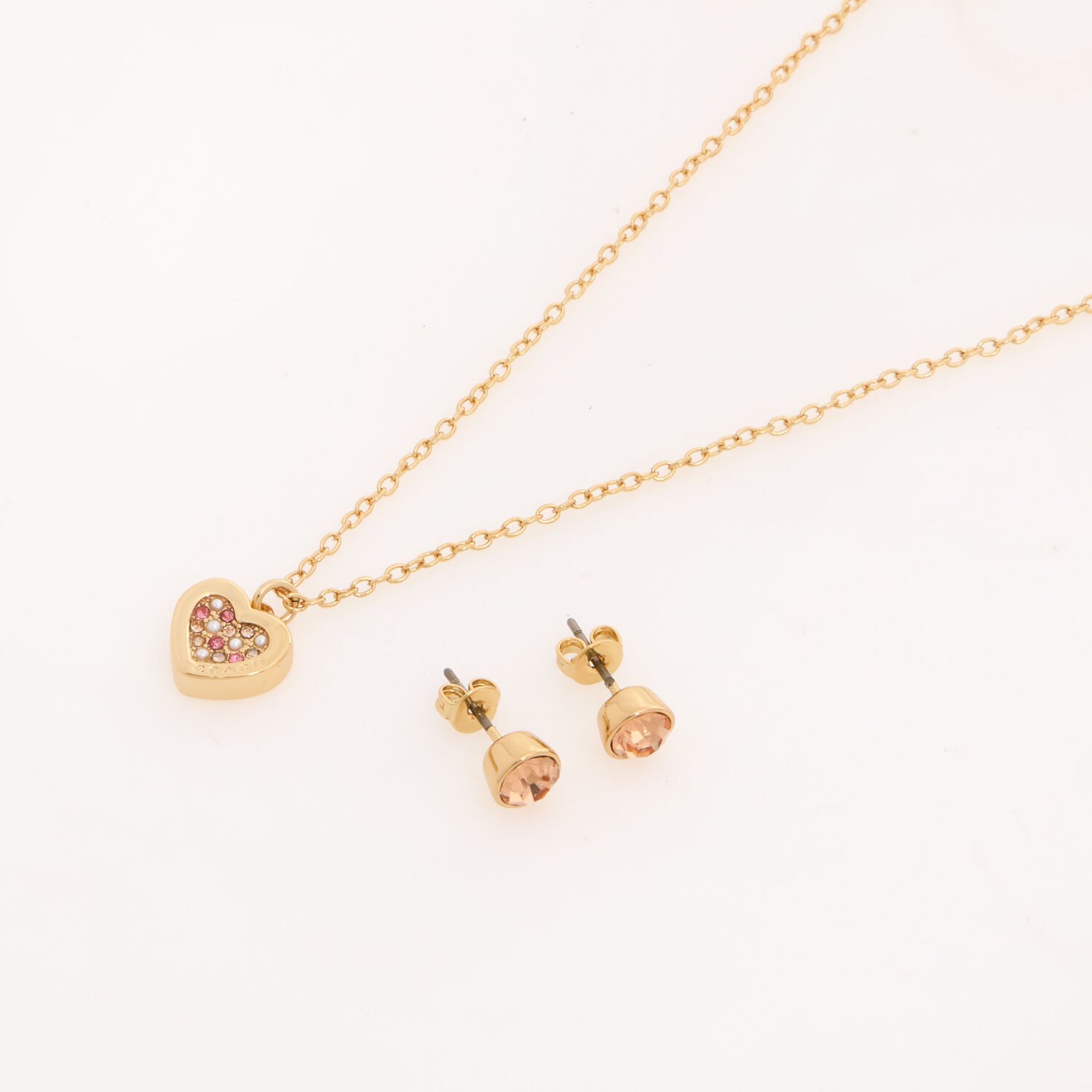 Coach Gold Tone & Pink Heart Necklace & Stud Earrings Jewellery Set Coach Gold Tone & Pink Heart Necklace & Stud Earrings Jewellery Set