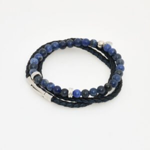 Tateossian Men’s Blue Sodalite & Black Leather Double Wrap Bracelet Set