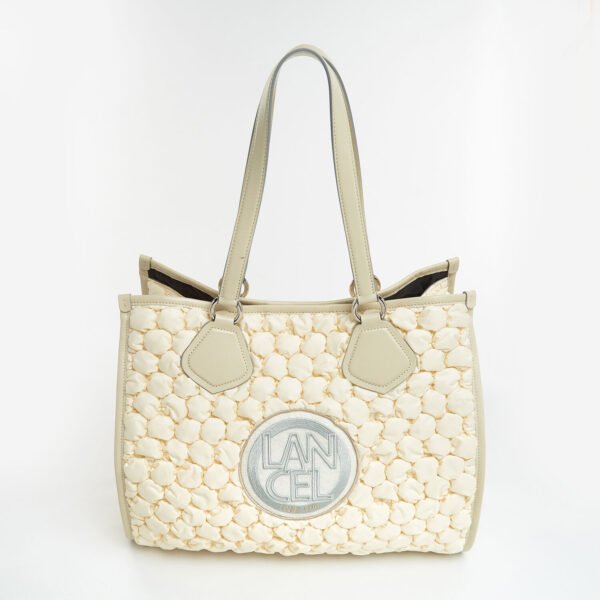 LANCEL Bubble Cream Tote Bag Nylon & Leather Large Shopper Shoulder Bag