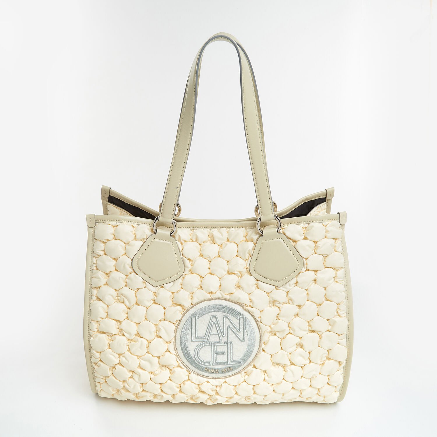 LANCEL Bubble Cream Tote Bag Nylon & Leather Large Shopper Shoulder Bag