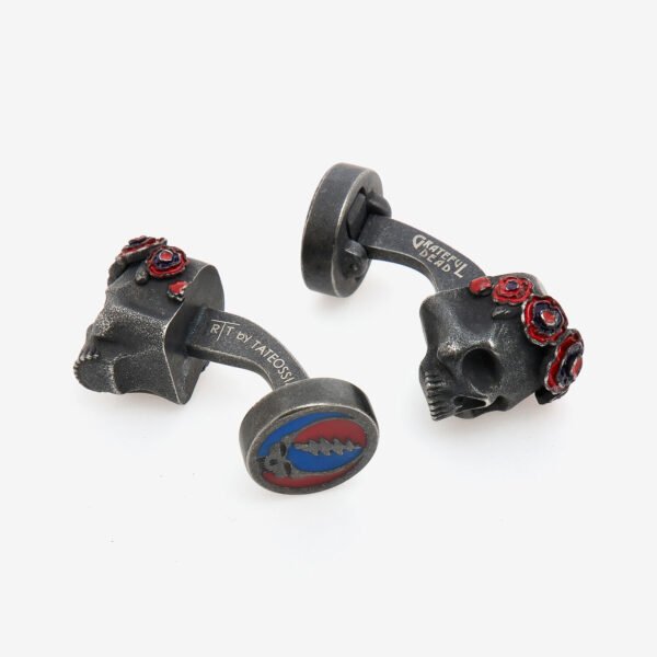 Tateossian Gunmetal Grateful Dead Gothic Roses Skull Cufflinks PCL0258