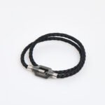 Tateossian Black Double Bolt Bracelet Leather & Sterling Silver M BL8998