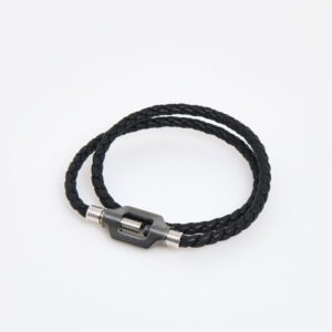 Tateossian Black Double Bolt Bracelet Leather & Sterling Silver M BL8998
