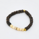 Tateossian BR3312 Wood & Shell Beaded Bracelet Brown Beige Silver Gear Tag