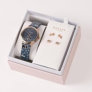Radley Mackay Road Rose Gold Watch & Earring Set Blue Strap RY21682A