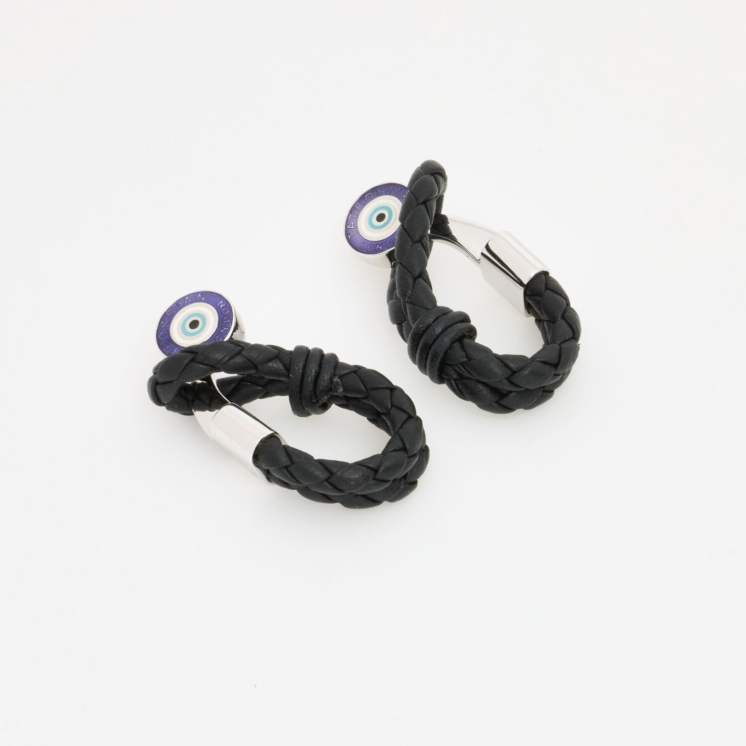 Tateossian Rhodium Sterling Silver Evil Eye Leather Wrap Cufflinks