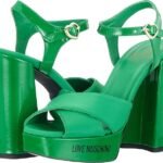Love Moschino Green Patent Leather Heeled Sandals Heart Buckle Block Heel