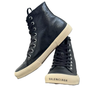 Balenciaga Paris High Top Leather Sneakers Black Lace Up Made in Italy