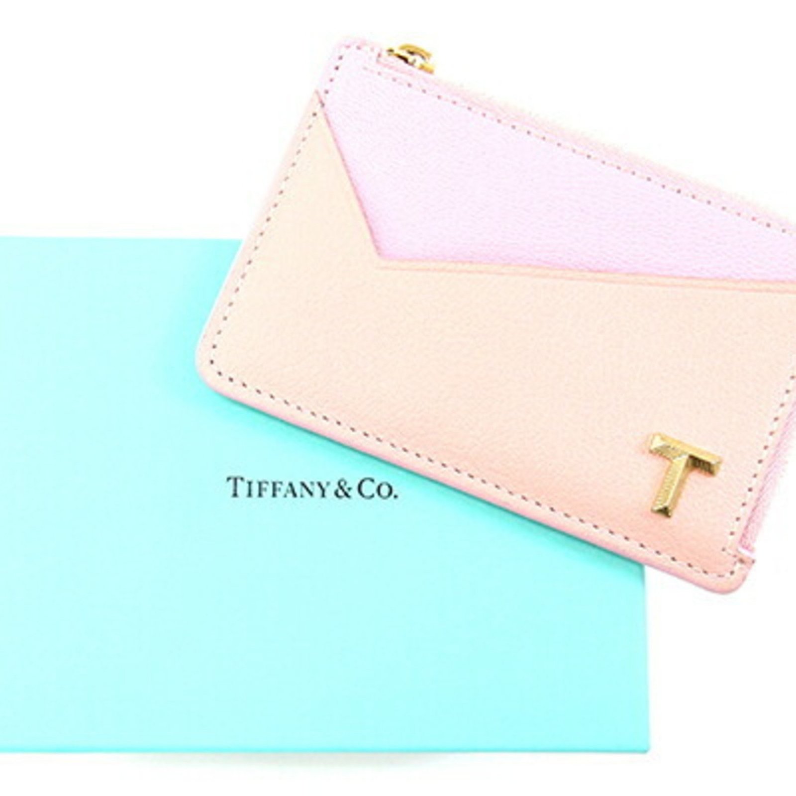 Tiffany & Co Pink Leather T Zip Card Holder Coin Purse Wallet Italy